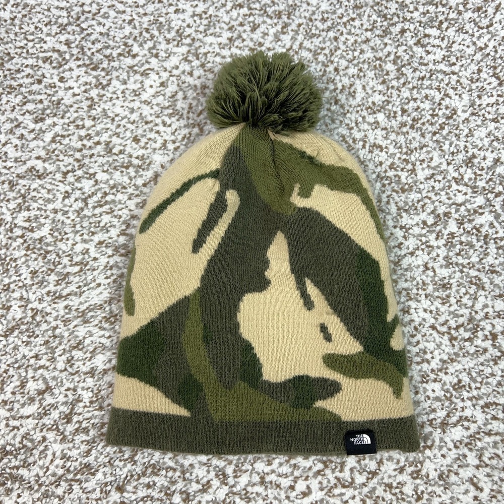 The‎ North Face Hat Beanie Mens One Size Green Camo Pom Knit Winter Outdoor Army